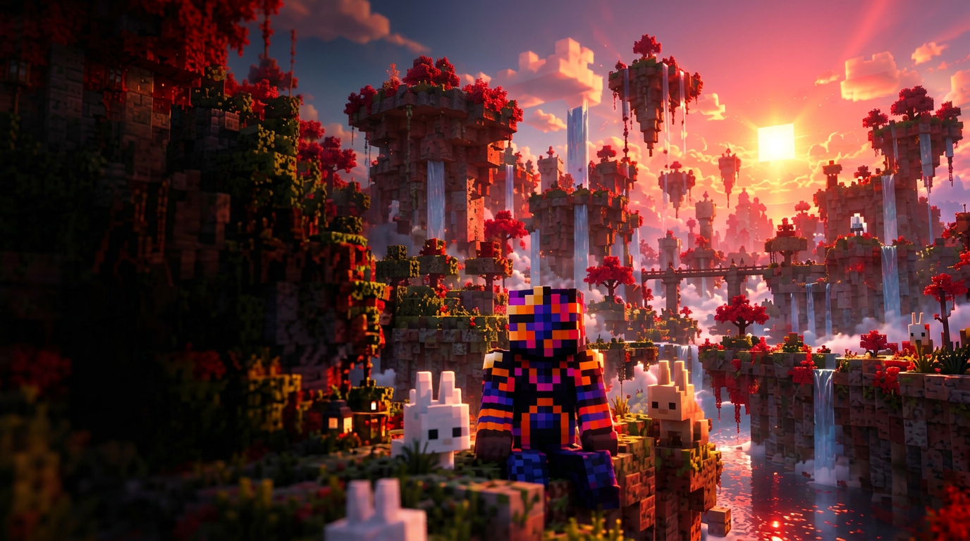 Voxel fantasy islands at sunset with a seated adventurer and white rabbits