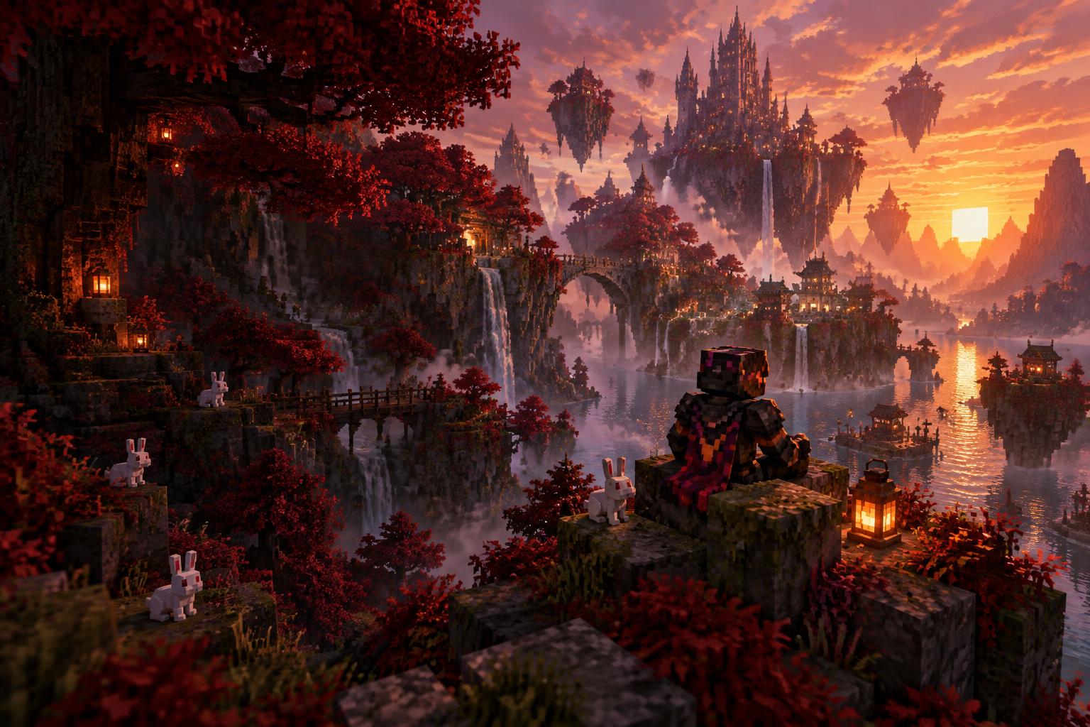 Floating islands and waterfalls in a crimson voxel world